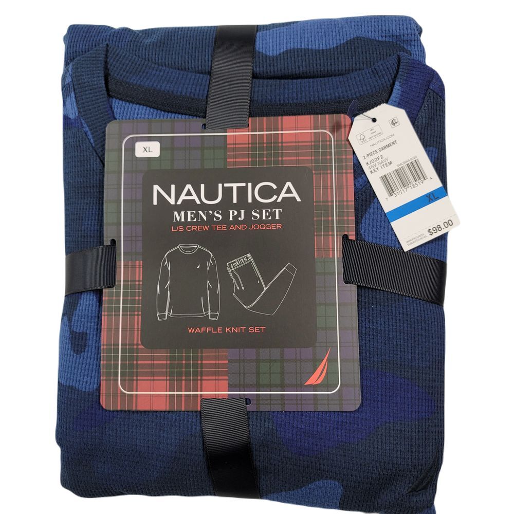 Nautica Camo Thermal Pajama Set Mens‎ XL Navy Blue Camo Waffle Knit $98